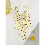 S - XL Cherry Printed Plaid Cut Out One Piece Swimsuit Women Swimwear Female Frilled High Leg Cut Bather Bathing Suit Swim V7557
