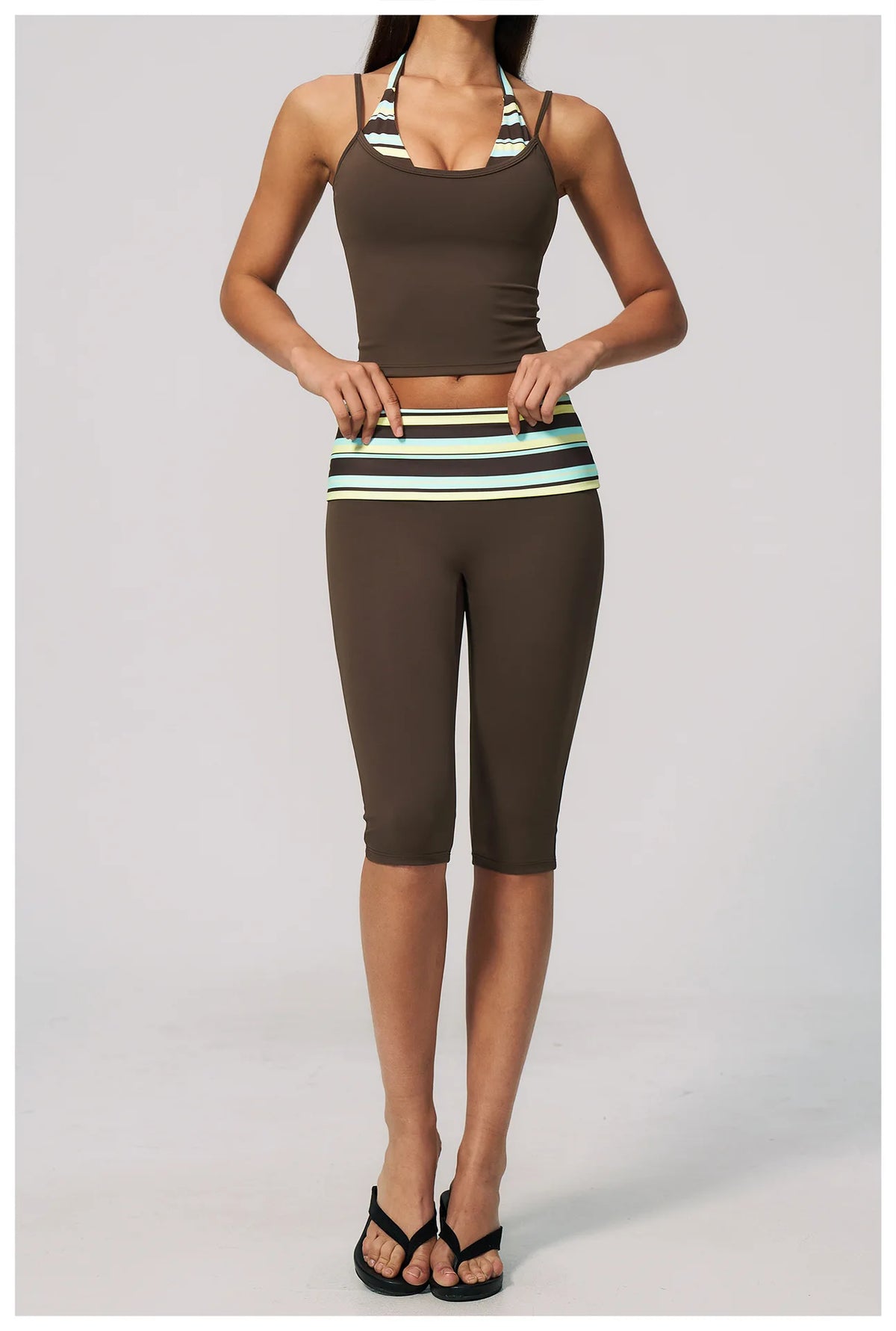 New Fake Two-piece Yoga Sets Women Striped Shock-absorbing Slim Sports Tank Top Fitness Suit Gym High Waist Mid Pants Tracksuit
