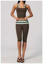 New Fake Two-piece Yoga Sets Women Striped Shock-absorbing Slim Sports Tank Top Fitness Suit Gym High Waist Mid Pants Tracksuit