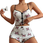 2 Pcs/Set Summer Women Pajamas Set Butterfly Heart Printing Sleeveless Backless Cop Top High Waist Shorts Sleepwear For Sleeping