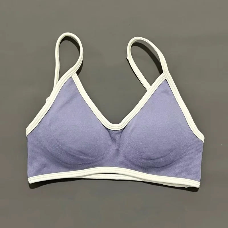 Contrastline Bra Women Backless Knitted Sports Bra Solid Color Gym Fitness Top With Chest Cushion Sexy Suspender Yoga Sports Bra
