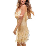 Mini Club Party Dress Women Dress Tassel Sequin Sleeveless Backless V Neck Feather Decor Loose Rumba Cha-cha Dance Costume