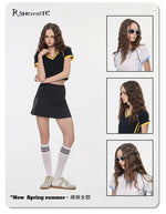 Hot girl top V-neck exposed navel contrasting color splicing clothes women's street short-sleeved T-shirt