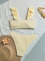 sexy yellow patchwork wrinkled bow ruffles bikinis sets two pieces women thong swimsuit female bathing suit swimwear biquini