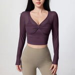 Women Mesh Long Sleeve Crop Yoga Top V Neck Twist Front Built-in Bra Quick Dry Breathable Workout Running Sports Shirt