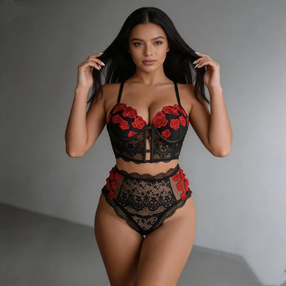 Rose Embroidered Lace Shapewear Set Longline Bustier High Waist Briefs Cutout Lingerie for Layering Bridal Boudoir Date Night