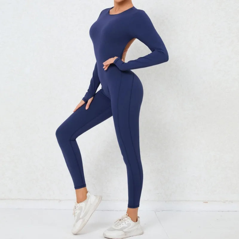 Women's Seamless Yoga Jumpsuits Backless Sexy Long-Sleeved One-Piece Butt-Lifting Gym Nude Feel Workout Gym Training Bodysuits