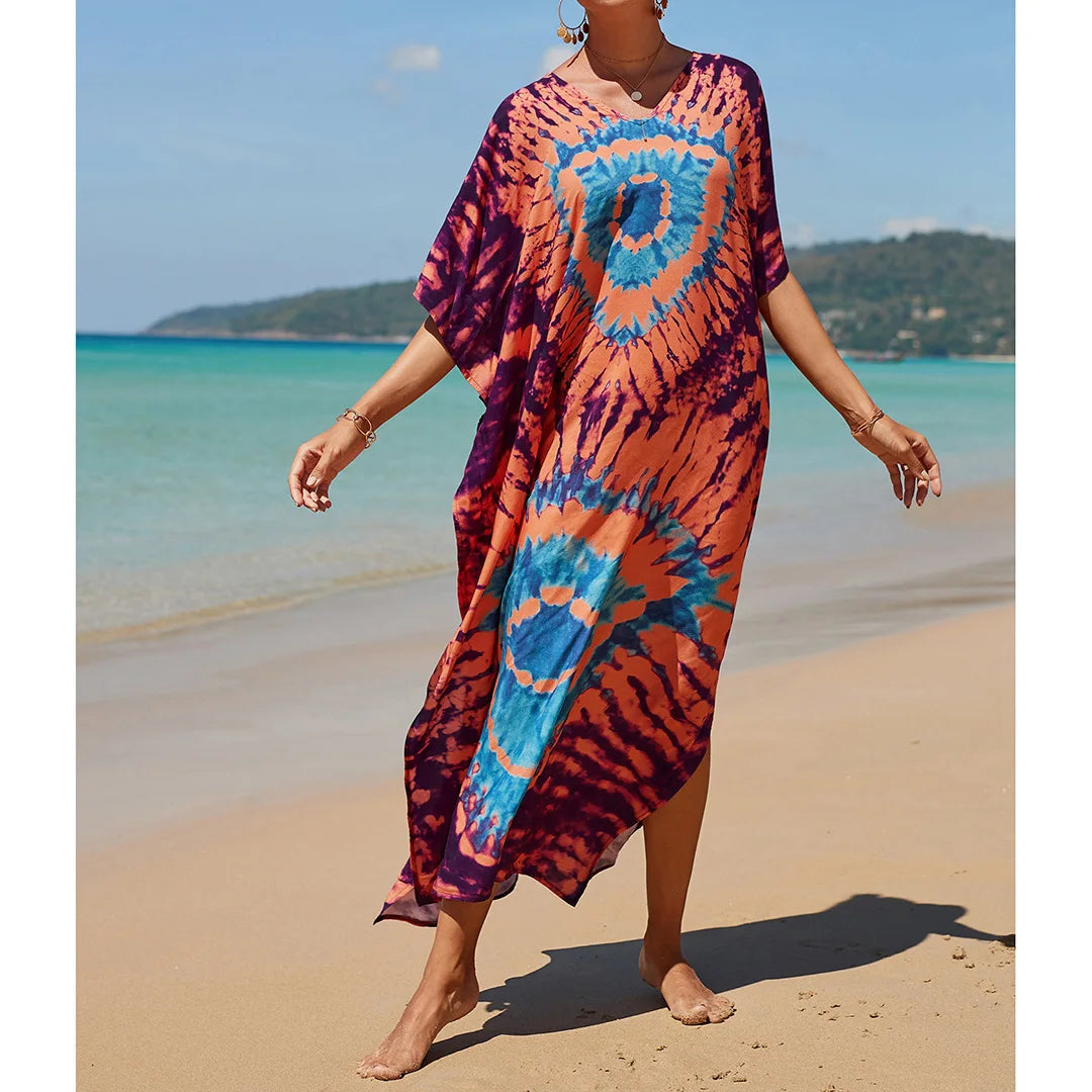 2026 New Colorful Kaftan Tunic Beach Dress Beach Wear Beachwear Beach Cover Up Cover-upsLoose Maxi Dress Female Women V4428