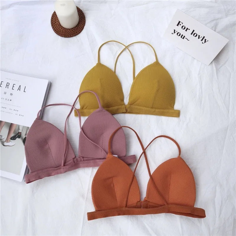 Front Closure Bra Deep V Bras For Women Thin Cross Straps Wire Free Brassiere Pdded Bralette Women's Underwear Sexy Lingerie