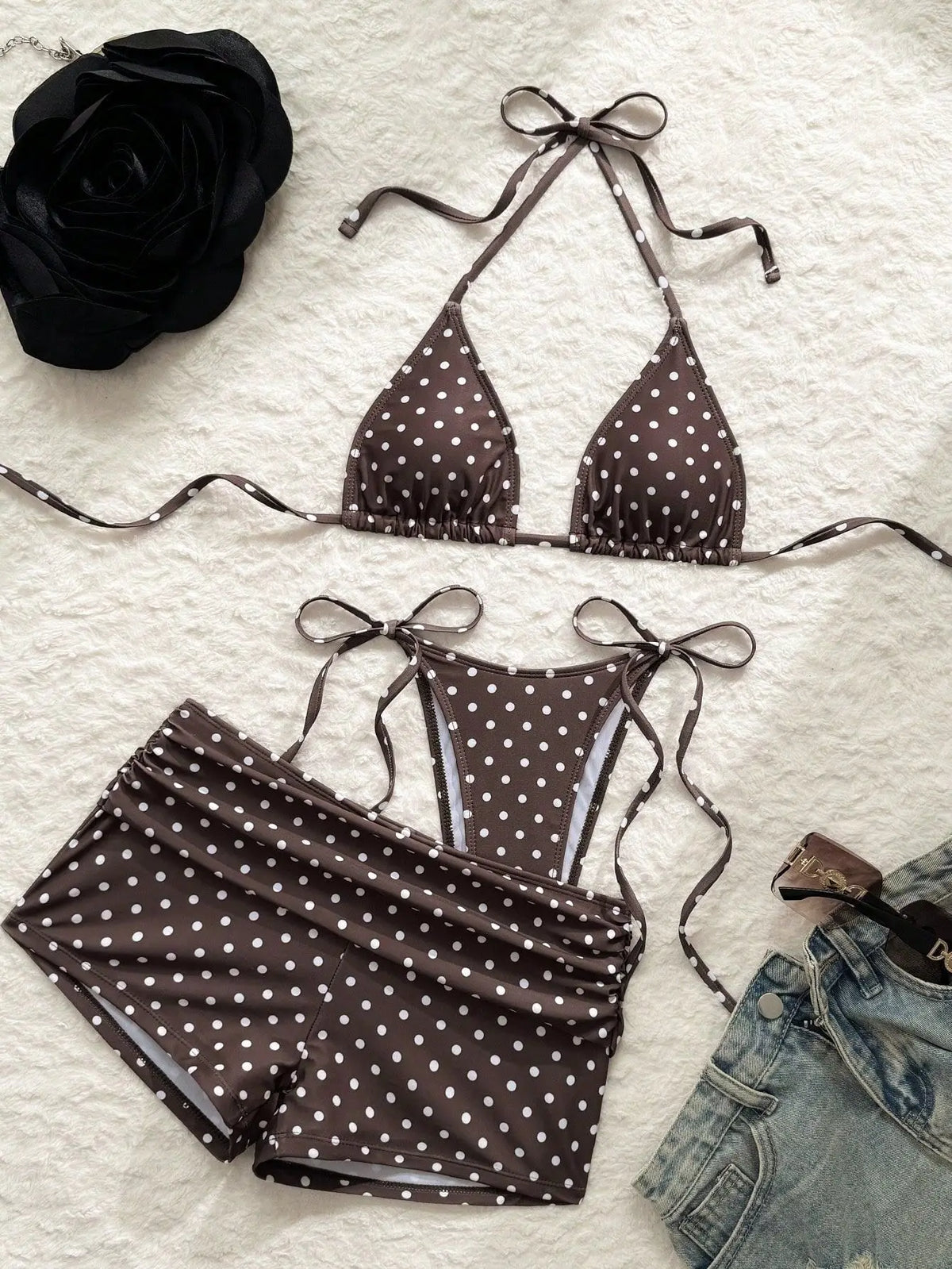 With Shorts Polka Dot Halter Mini Micro Thong Bikini Female Swimsuit Women Swimwear Three-pieces Bikini Set Bathing Suit Swim