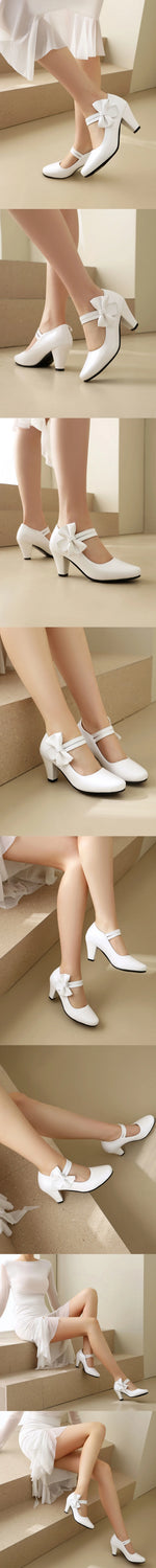 Plus Size 33-48 Sweet Polka Dot Mary Jane Heels Shoes Women Pink Blue Side Bow Tie Round Toe Chunky Block Heel Cute Lolita Pumps