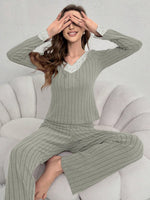 Autumn and winter new women's home wear fashionable casual pajamas temperament V-neck lace splicing set long sleeved pants Y2K