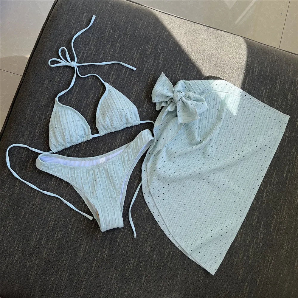 Three Piece Bikinis Sets 2026 String Halter Swimwear with Cover Up Sexy Swimsuit Women Beachwear Bathing Suit Black Mini Bikini