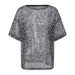 Summer Women's Fishnet T-shirt Casual Loose Fit Stylish Solid Color See Through Sequined Crew Neck Elbow Sleeve Tops