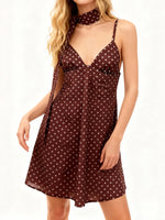 Women's Summer Mini Cami Dress A Line Stylish Dot Print Backless V Neck Spaghetti Strap Dresses with Scarf