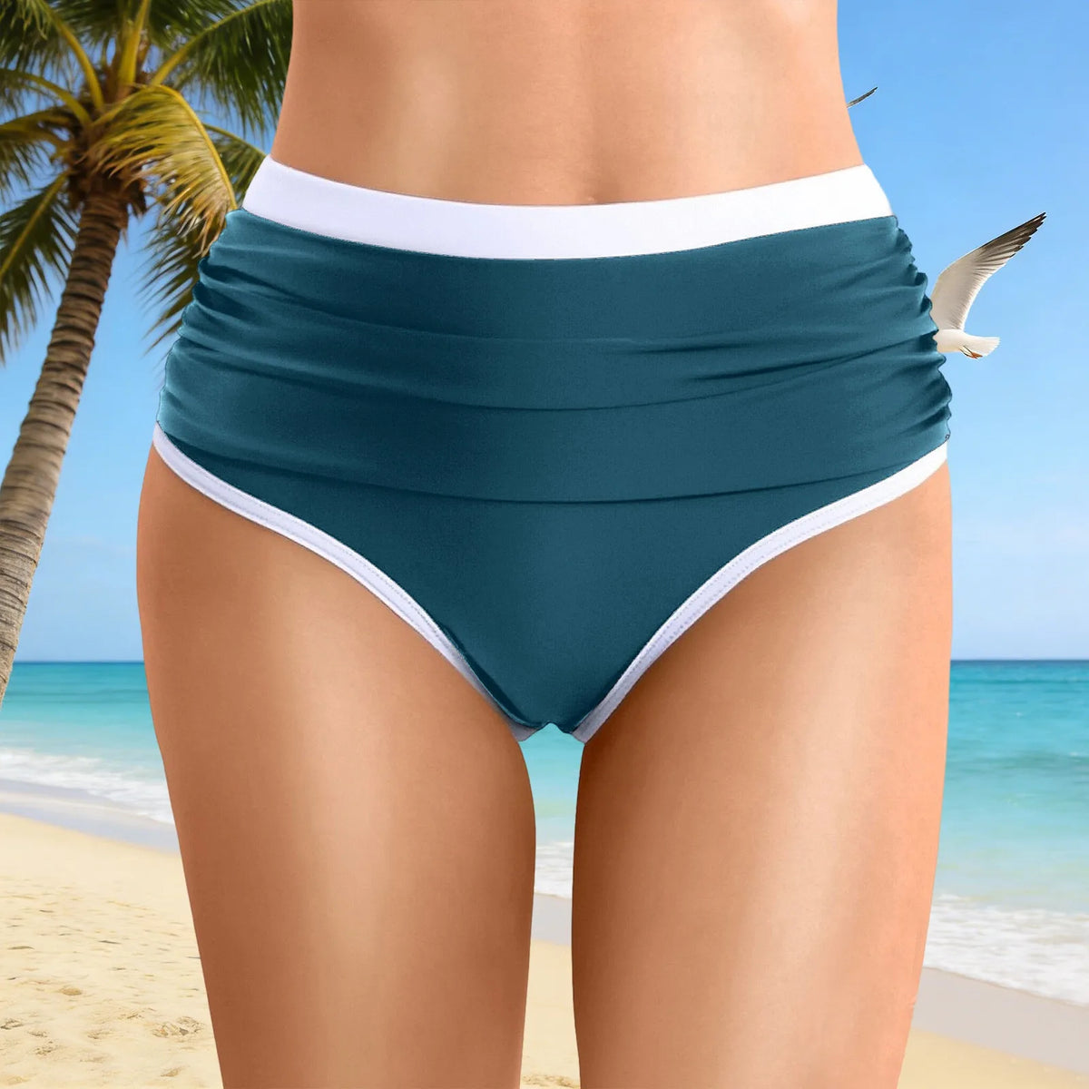 Womens Contrast Trim High Waisted Swim Bottoms Ruched Tummy Control Bathing Suit Modest Swim Shorts For Beach Surfing Swimming