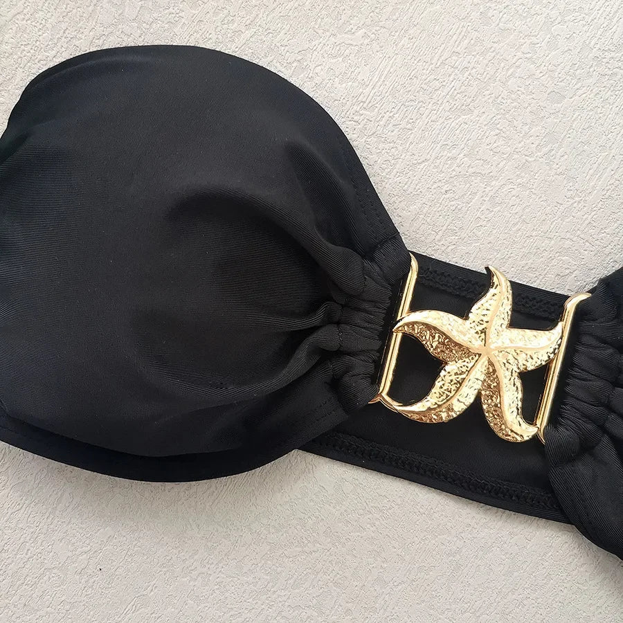 Sexy Meal Starfish Designer Bikinis Sets Women Black Push Up Buckle Mesh Skirt 3 Piece Swimsuit Beach Bathing Suit Swimwear 2025