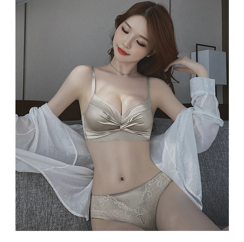 MOYISU Lingerie Women's Small Chest Gathering Summer No Underwire Retraction Breast Anti-sag Flat Bra Cover Underwear Set
