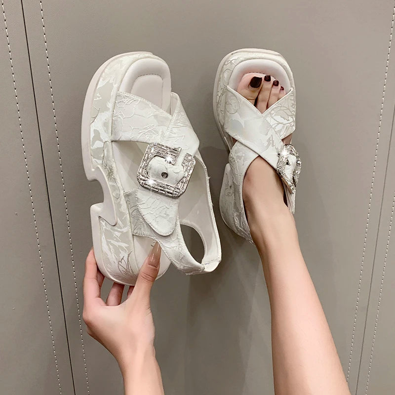 Fashion Crystal Buckle Platform Sandals Women Pink Embroidery Thick Heels Sandalias Mujer Comfortable Heightened Rome Sandals
