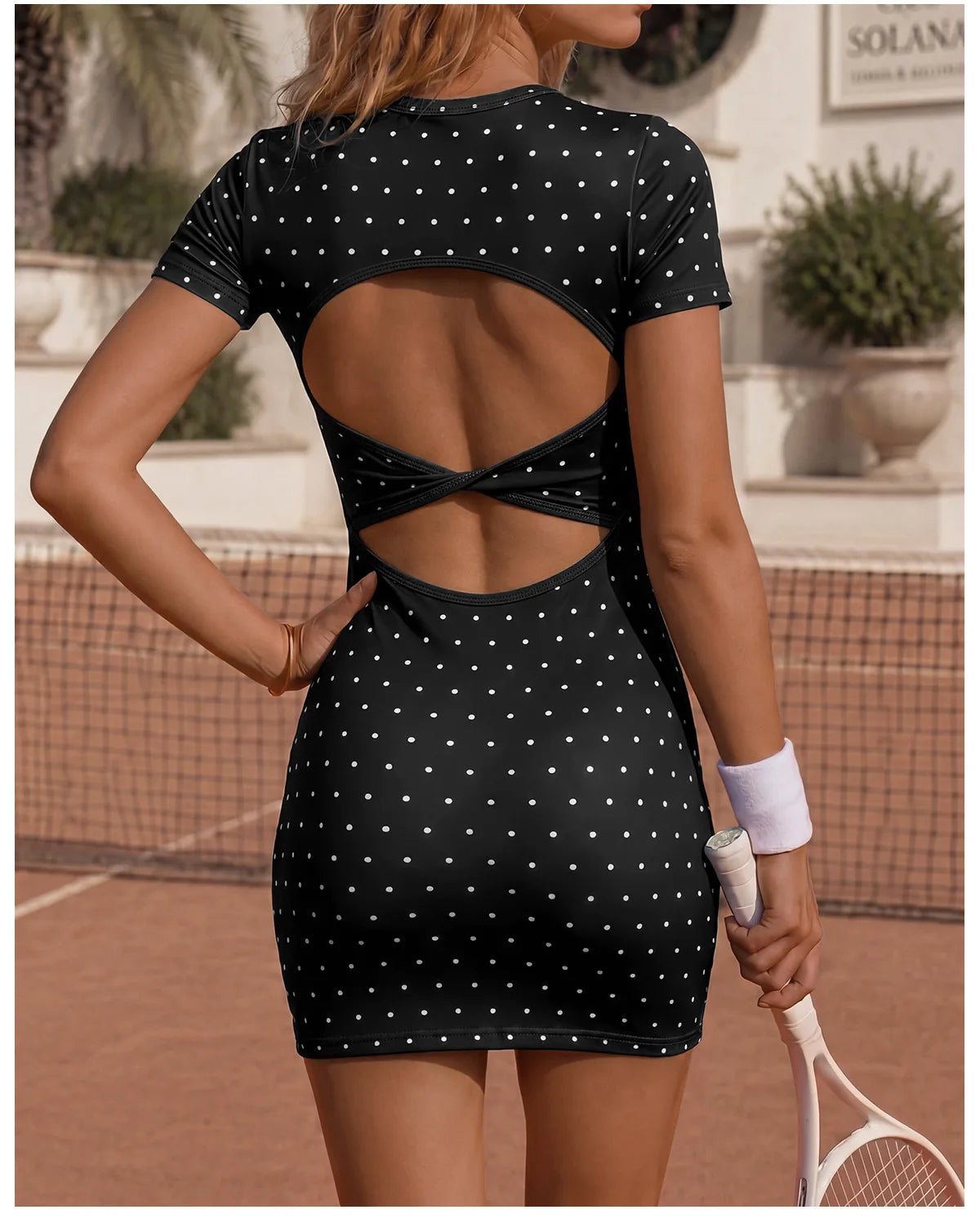 Retro Polka Dot Sports Tennis Dresses Women Quick Drying Round Neck Short Sleeve Back Hollow Cross Slim Yoga Golf Fitness Dress