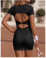 Retro Polka Dot Sports Tennis Dresses Women Quick Drying Round Neck Short Sleeve Back Hollow Cross Slim Yoga Golf Fitness Dress