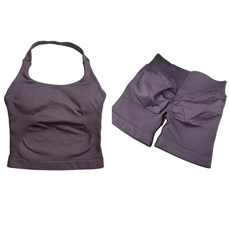 Yoga Sets Women Gym Clothes Longline Strappy Top High Waist Shorts Activewear 2 Piece Set Fitness Suit Running Workout Suits