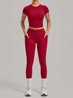 Women Tracksuit Yoga Sets Short Sleeve Slim Sports T Shirts Workout Clothes Outdoor Tight High Waist Pocket Pants Fitness Suits