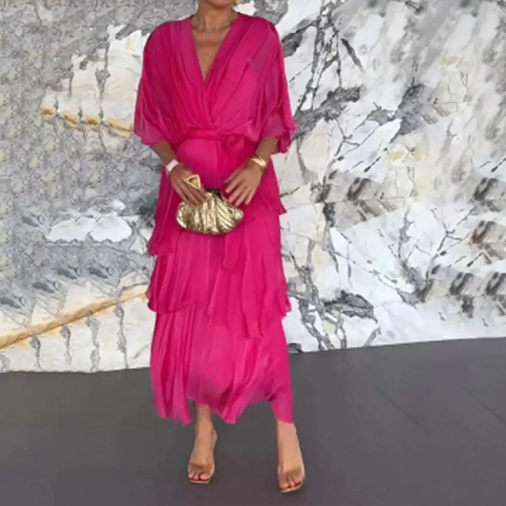 Women's Flowy Chiffon Wedding Guest Dress Ruffle Half Sleeve Empire Waist Ruched Wrap Dress V Neck Tiered Swing Dresses