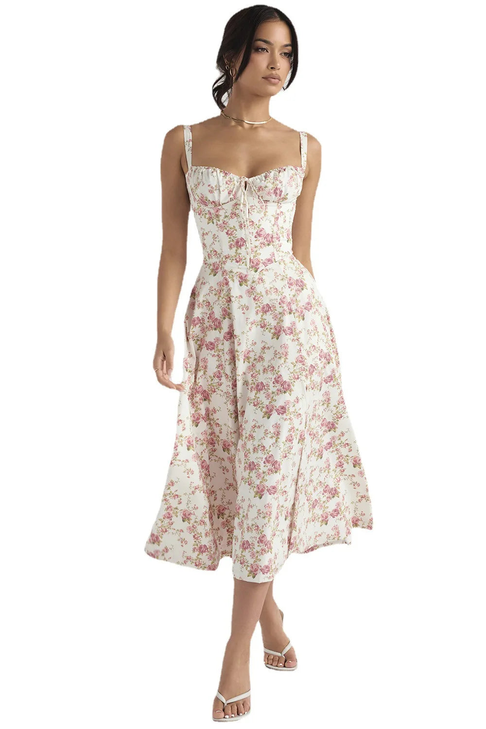 Sexy Low Cut Spaghetti Strap Maxi Dresses For Women Color Flower Printed Chest Wrap Bowknot Leace-up Long Dress Elegant Vestidos