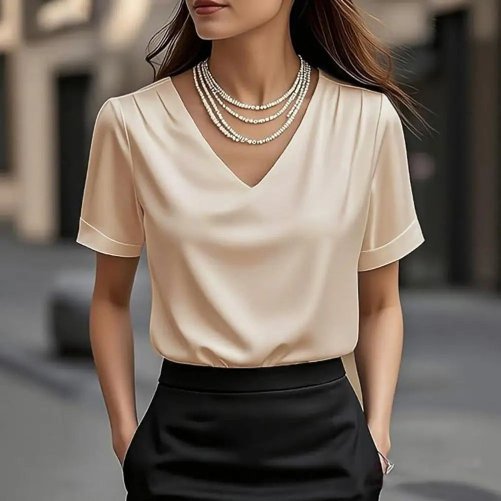 Women T-shirt Solid Color Loose Fit Smooth Satin V-Neck Short Sleeve Tops Ladies Summer Casual Tee Shirt Daily Wear