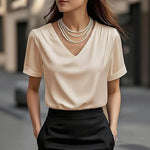 Women T-shirt Solid Color Loose Fit Smooth Satin V-Neck Short Sleeve Tops Ladies Summer Casual Tee Shirt Daily Wear