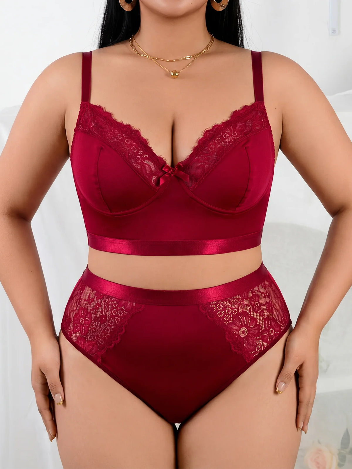 Women’s Sexy Red Lingerie Set, Plus Size Smooth Lace Push Up Bra, Thin Sheer Underwear Set for Big Bust