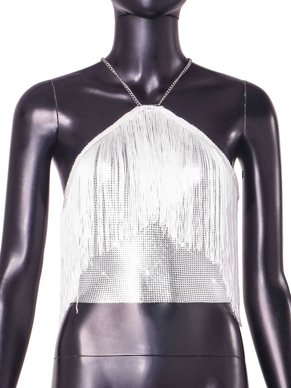 Women's Halter Neck Sleeveless Crop Top Tassel Rhinestone Chain Backless Party Clubwear White Sparkly Night Out Top
