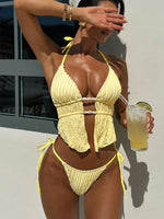 Sexy Triangle Bikini Women Summer Hollow Out Bandage Cross Crop Top Tie Side Thong Swimsuit Bathing Suit Holiday Swimwear
