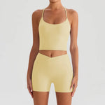 Yoga Shorts Sets Women Hanging Neck Hollow Back Sports T Shirts Sportsuit Gym High Waist Pocket Pants Fitness Workout Clothes