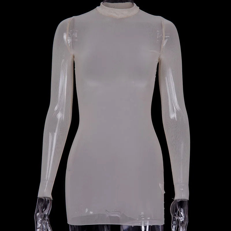 Women Mesh Dress Spring Autumn Sexy Sheer Mesh Long Sleeve Package Hip Sheath Dress Lady Sexy Club Body Wrap Mini Short Vestidos