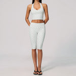 New Summer Women White Polka Dot Print Yoga Sets Hanging Neck Slim Sport Vest High Waist Mid Pants Gym Two-piece Workout Clothes