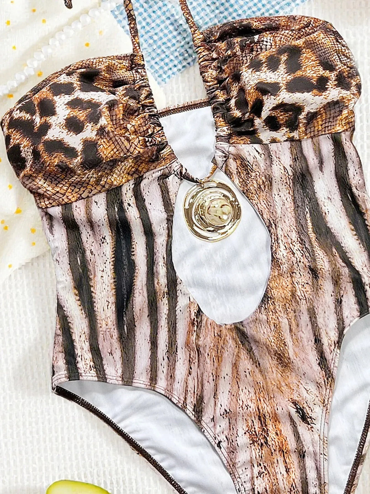 Sexy Brown Leopard Print Swimwear 2026 Women Metal Ring Linked Hollow Out Bandage Cross Bathing Suit One Piece Swimsuit Monokini
