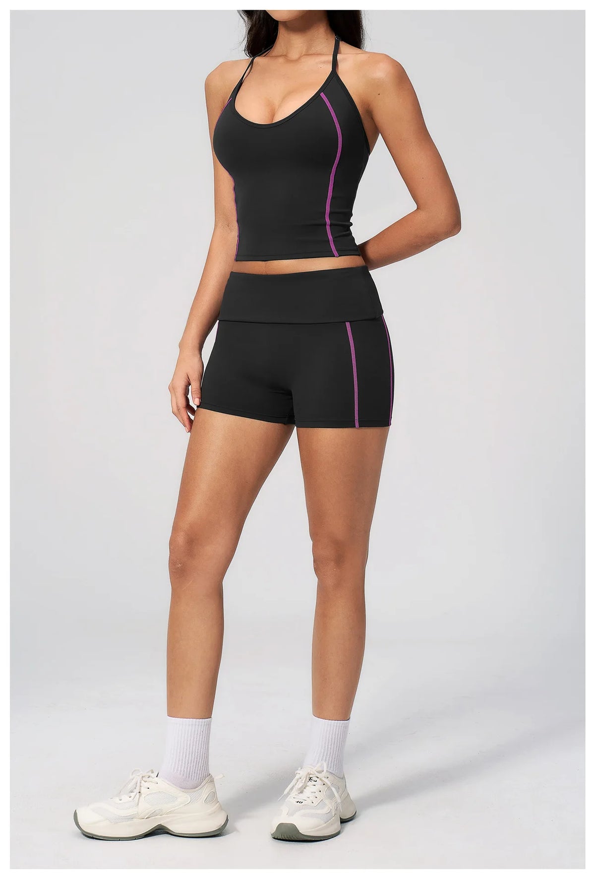 2PCS Women Yoga Sets Color Contrast Hanging Neck V Neck Slimming Sports Tank Top Flip High Waist Shorts Gym Running Fitness Suit