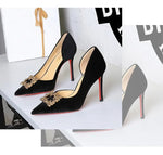 Women 10cm Super High Heels Pointed Toe Side Hollow Work Pumps Metal Crystal Buckle Velvet Stiletto Fashion Banquet Lady Shoes