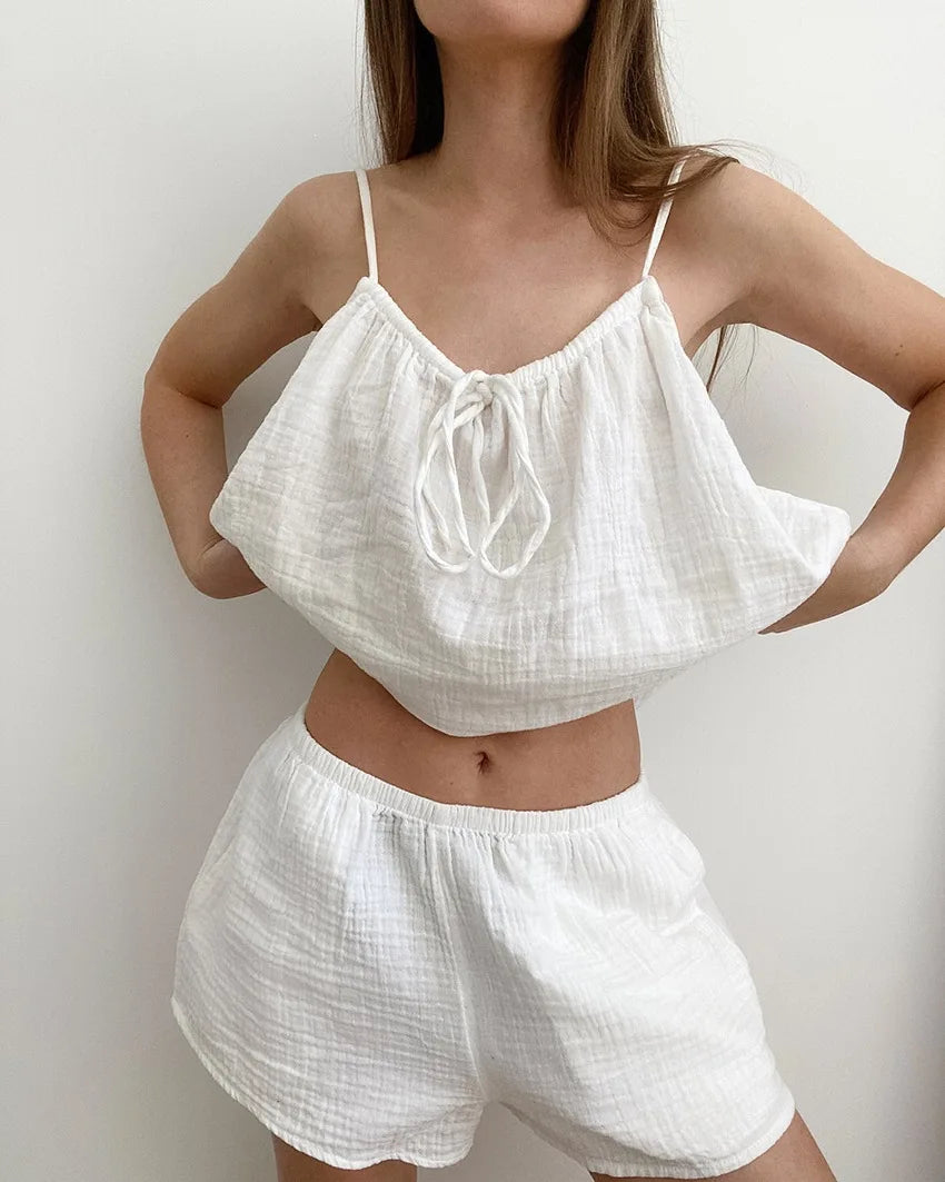Summer New Women's Pure Cotton Pajamas and Shorts Two-Piece Set Casual and Comfortable Home Wear Pure Cotton Suspender Y2K Hot