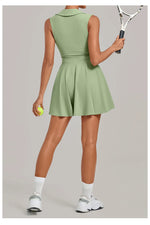 Summer Women Solid Tennis Dresses Sleeveless Turn Down Collar Pleated Skirts with Detachable Pocket Shorts Slim Yoga Golf Dress