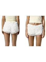Womens Solid Color Lace Mesh Shorts Tiered Ruffled Bow Elastic Waistband Summer Leisure Lounge Short Pants