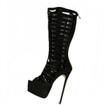 2025 New Summer Open Toe Women Knee High Boots Sandals Design Style Narrow Band Thin High Heels Zipper Party Shoes
