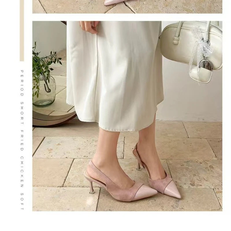 French High Heels Pink Toe Sandals Fairy Shoes 2026 Spring and Summer Stitching Skirt Pointed Shoes Single Shoes