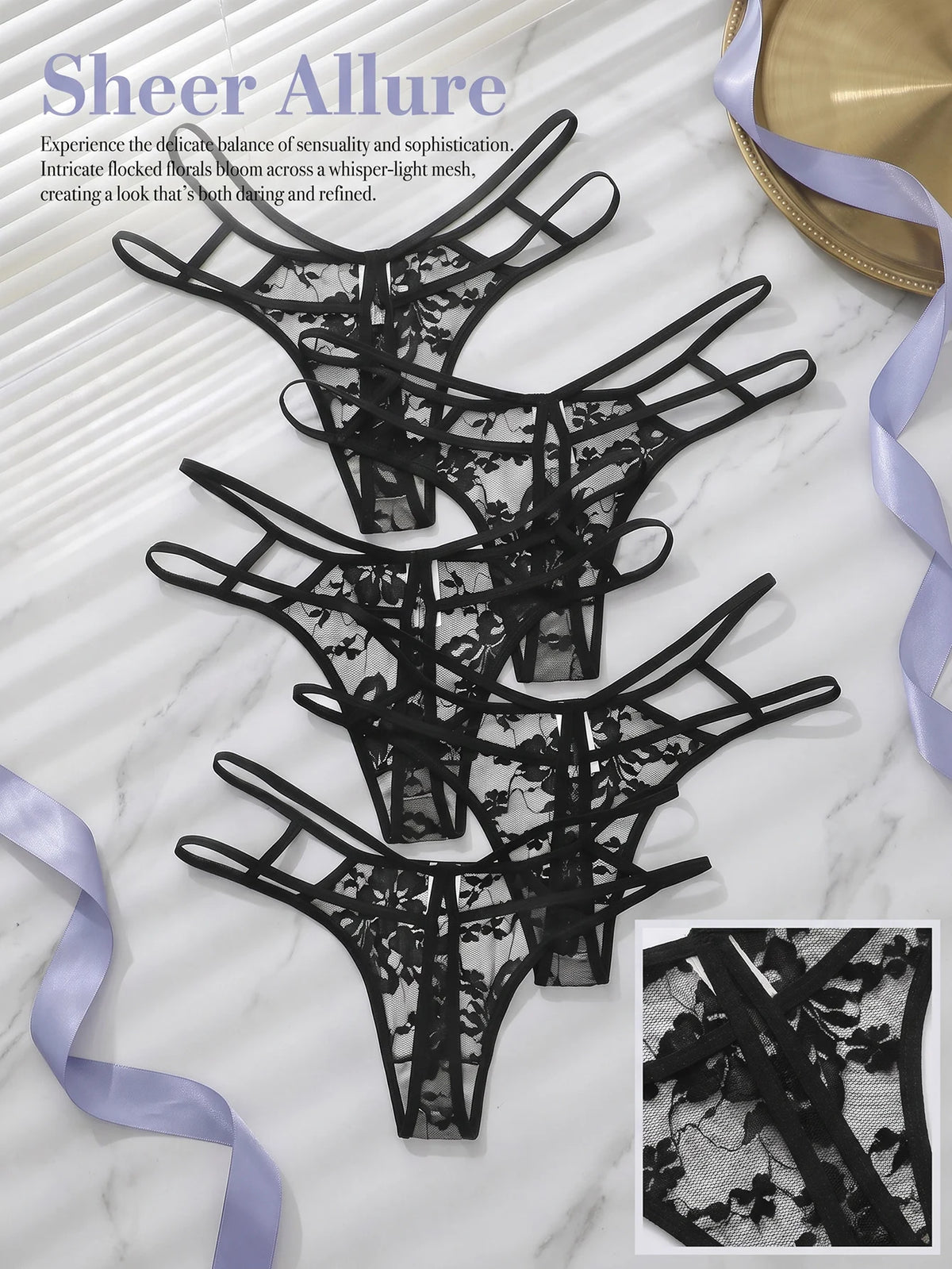 Five Solid black Lace Women G-String Sexy Lingerie Criss-cross Strap Thong fashionable and sexy style C972