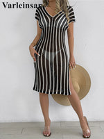 S - XL Striped Short Sleeve Crochet Knitted Tunic Beach Cover Up Cover-ups Beach Dress Beach Wear Beachwear Female Women V8349