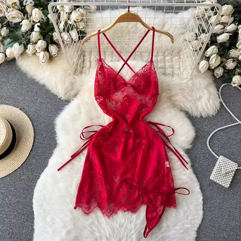 Sissy Crotchless Garter Deep V Lingerie Set See Through Lace Underwear Sexy Nightwear G-String Thongs Fantasy Pajamas