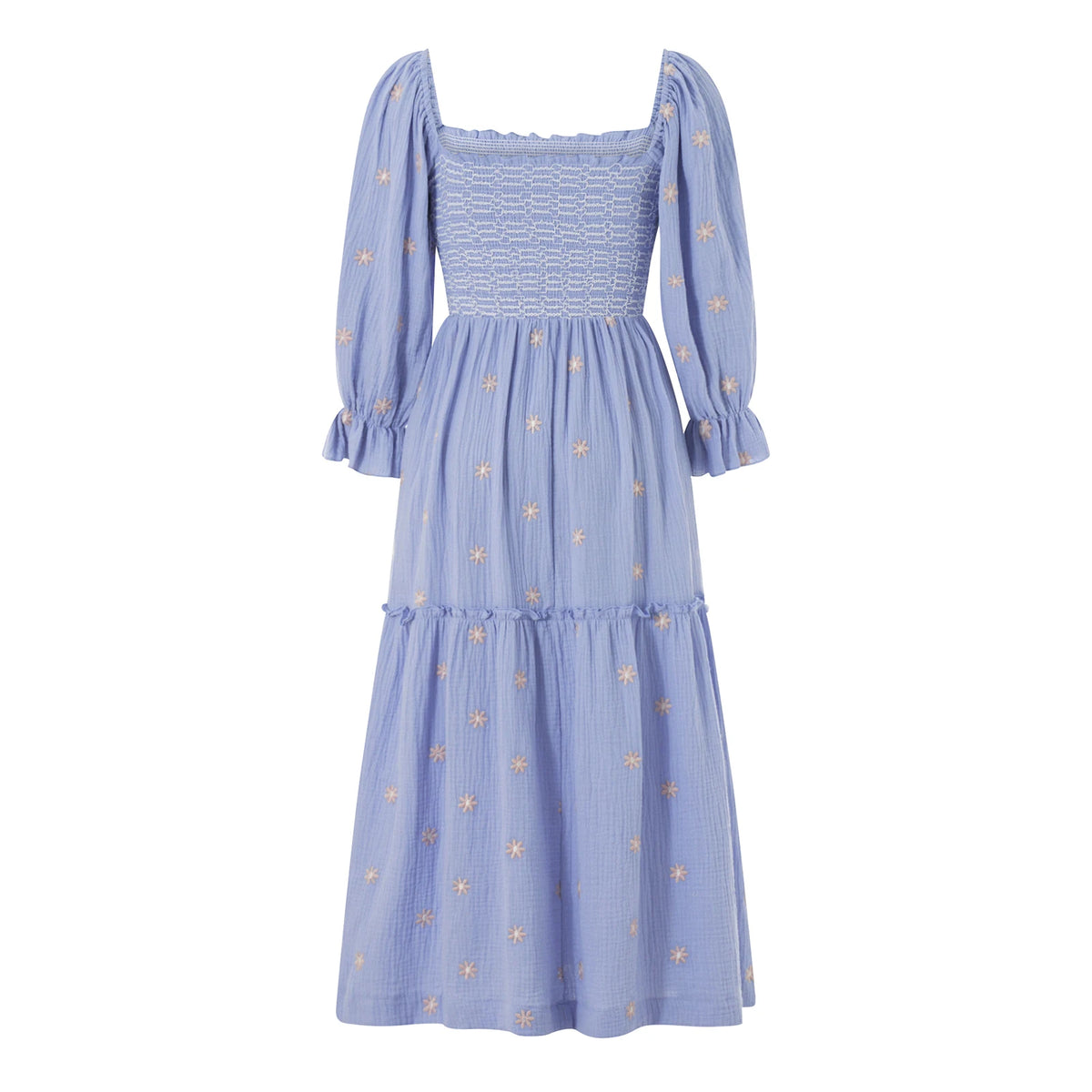 Women Spring Fall Long Dress Long Sleeve Dress Square Neck Embroidery Flower Loose Swing Dress Wit Pocket