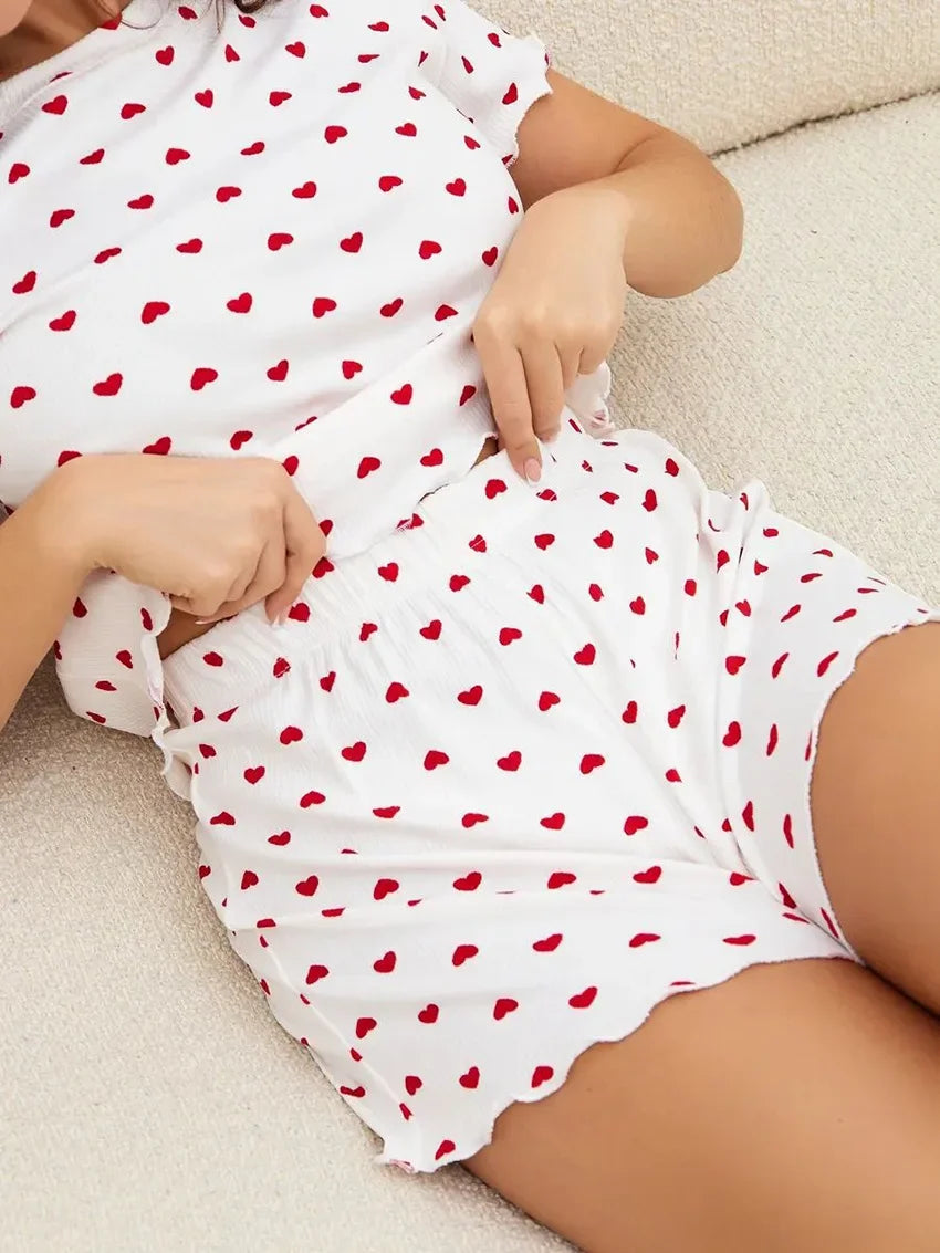 Women Leopard Print Pleated Pajama Set Ruffle Short Sleeve Crop Top Elastic High Waist Shorts Soft Casual Loungewear Sleepwear